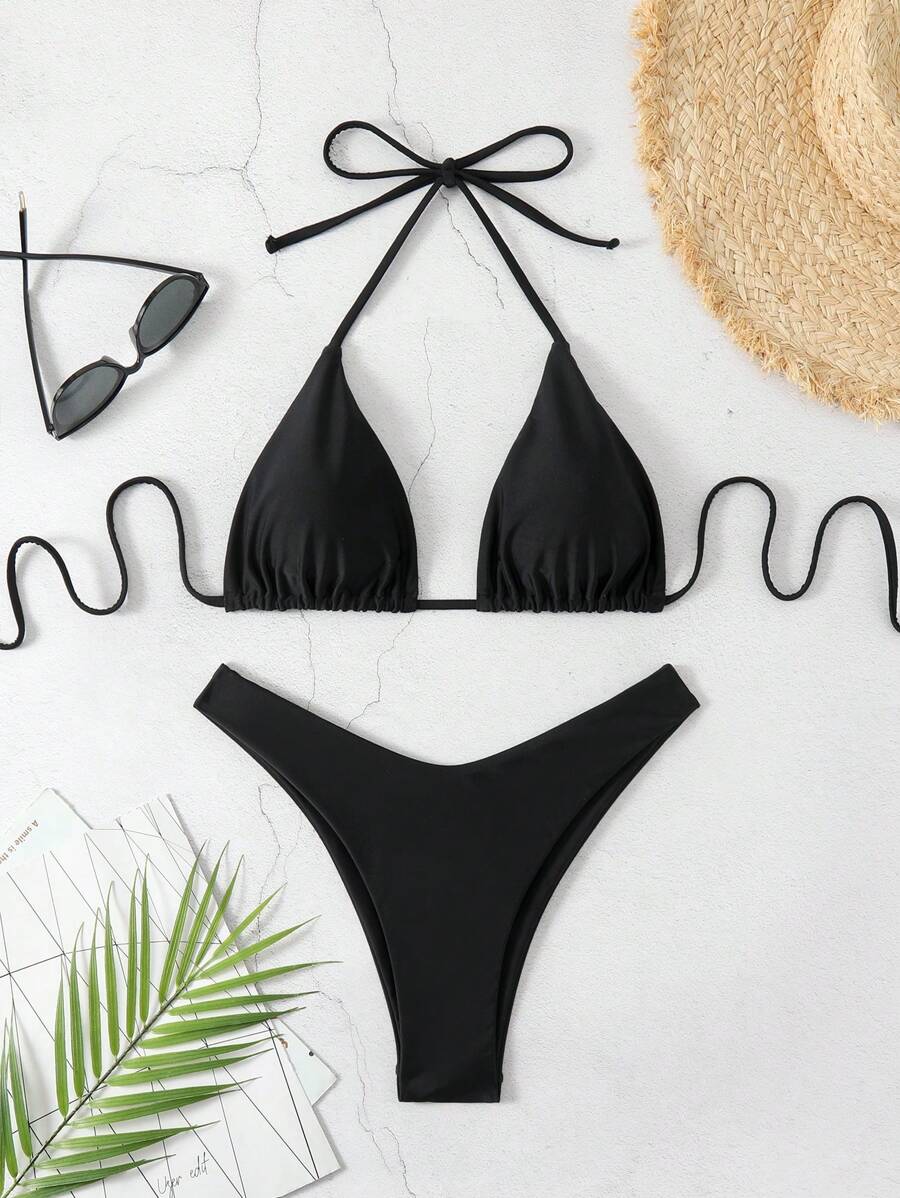 Conjunto de bikini halter con escote en V, traje de baño de dos piezas