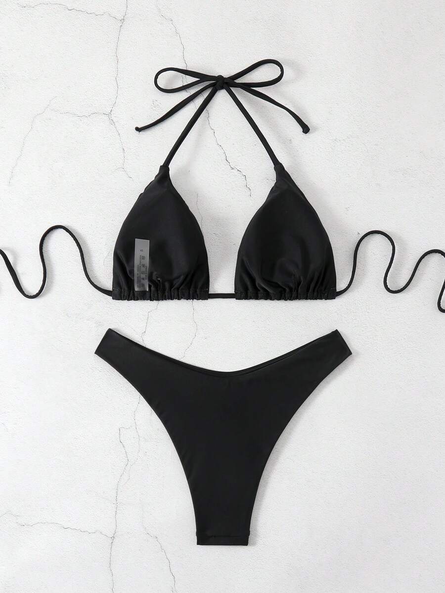 Conjunto de bikini halter con escote en V, traje de baño de dos piezas