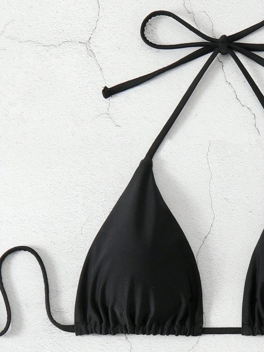 Conjunto de bikini halter con escote en V, traje de baño de dos piezas