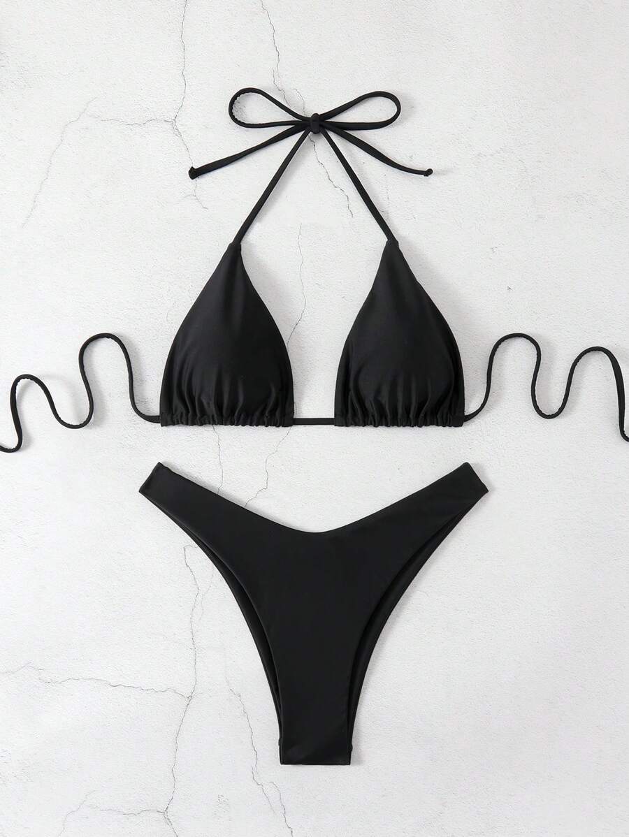 Conjunto de bikini halter con escote en V, traje de baño de dos piezas