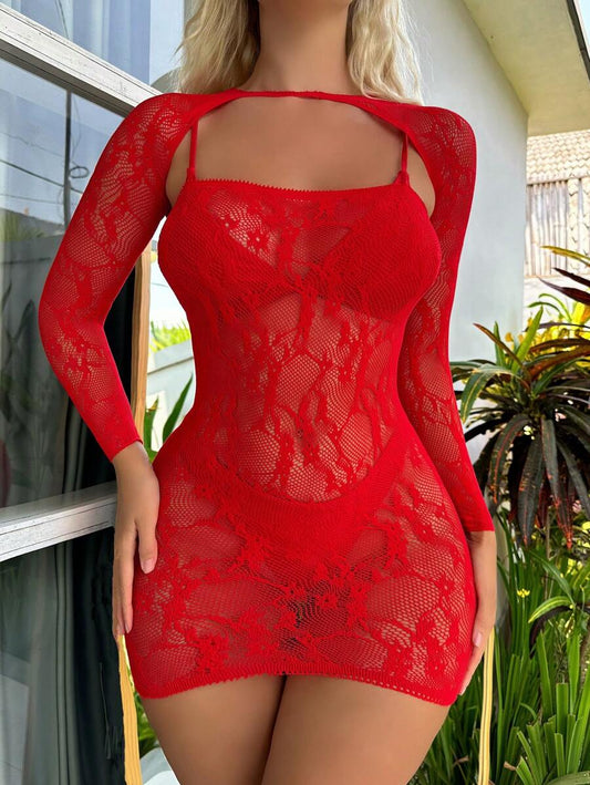 Lencería Sexy de 2 piezas con encaje y mangas de malla
