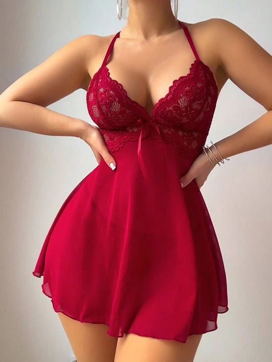 Vestido de malla de 2 piezas con espalda descubierta de encaje y tanga incluida