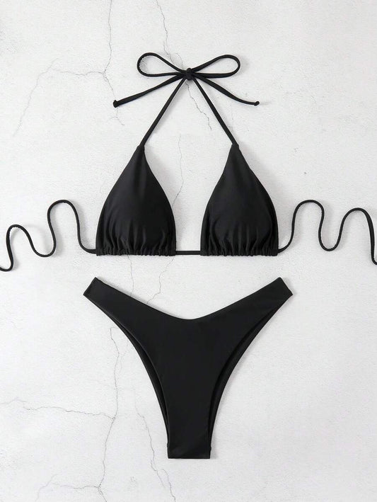 Conjunto de bikini halter con escote en V, traje de baño de dos piezas